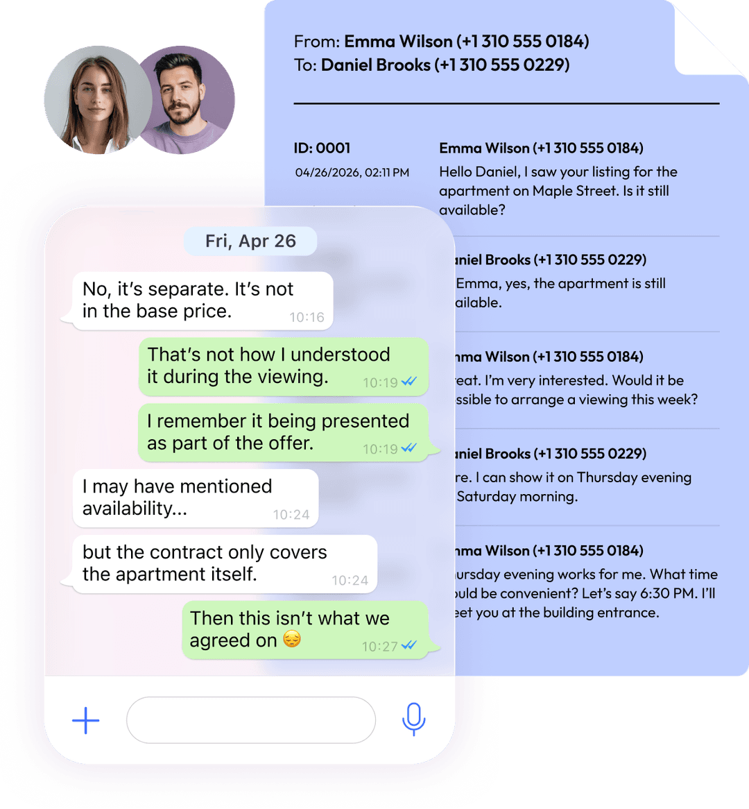 Preview of a formatted PDF with chat messages, timestamps, and participant names